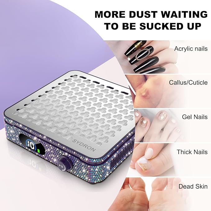 Nail Dust Collector | 1000PA Nail Fan Dust Collector | 10 Speed Levels | Low Noise & Strong Suction | Reusable Filter, 10 Pads + Nail Dust Brush | for Acrylic Nails, Salon & Home -Purple Diamond