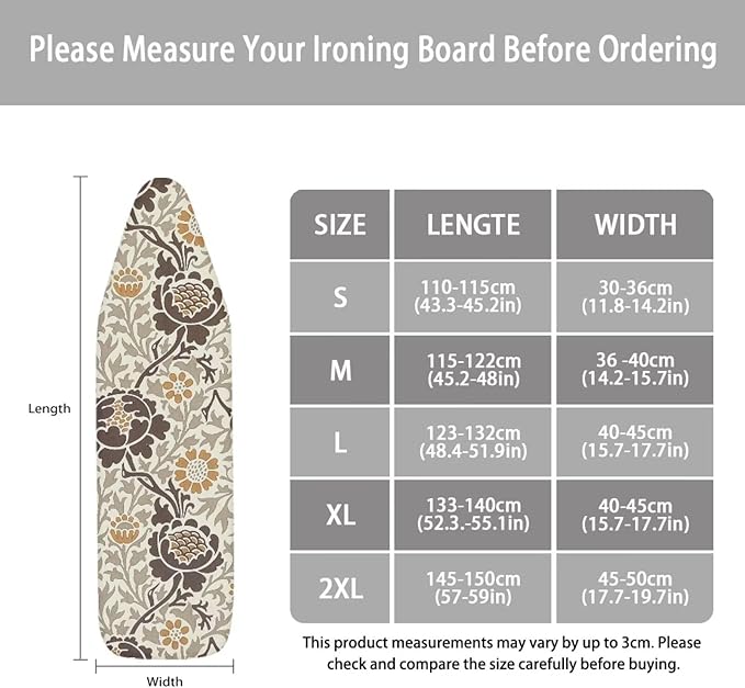 ZCFYGDX Elastic Ironing Board Covers Standard Size, William Morris Prints Ironing Board Straps/Cover and Fastener 18x58 Inch, Strongly Breathable and Doesn't Retain Moisture, Easy Installation