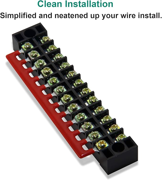 MILAPEAK Terminal Block and Strip - 5pcs 12 Positions 600V 15A Dual Row Screw Terminal Blocks with Cover + 10pcs 400V 15A 12 Positions Pre-Insulated Terminal Barrier Jumper Strips Black & Red