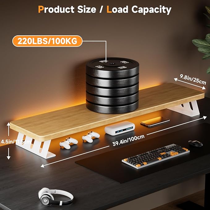 NestNeat Dual Monitor Stand Riser, 39 Inch Large Wood Monitor Stands for 2 Monitors, Desk Monitor Riser for Computer/Laptop/Printer/TV, Stand Riser up to 220 lbs