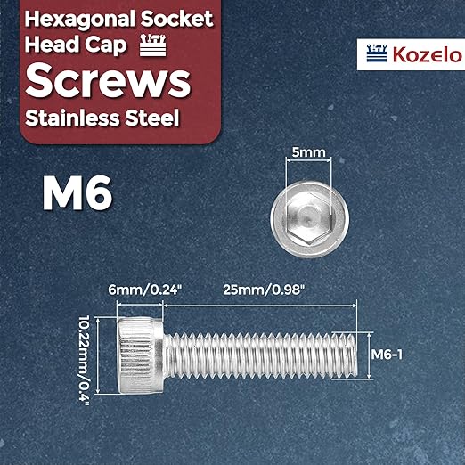 Kozelo 25pcs Socket Head Cap Screws - [M6-1 x 25mm] 304 Stainless Steel Allen Socket Drive for Electrical Motor 3D Printing Fan Engine Replacement Use, Silver