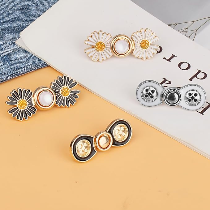 TOOVREN Pant Waist Tightener, Detachable Jean Buttons for Loose Jeans, No Sew and No Tools Button Pins for Jeans, Adjustable Jean Buttons Pins, Daisy Flower Instant Pants Button Tightener 4 Sets