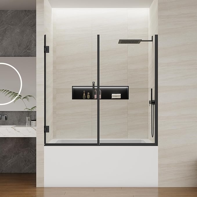 Pivot Swing Bathtub Door, Adjustable Width 60" W x 59" H Semi-Frameless Shower Glass Door with 5/16 in (8mm) Clear SGCC Tempered Glass with Nano Easy-Clean Coating (Matte Black)