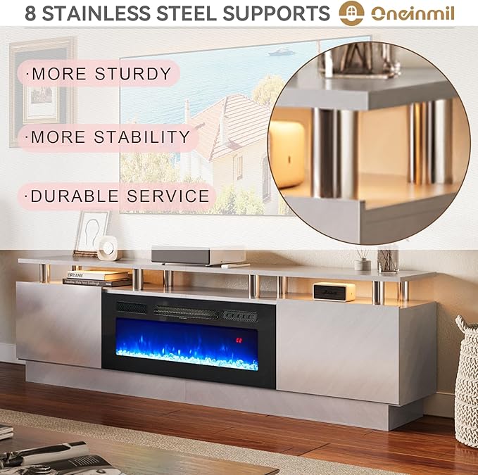 oneinmil Fireplace TV Stand with 36” Electric Fireplace, 80” 2 Tier TV Console Stand for TVs Up to 90", LED Light Entertainment Center, Fireplace for The Living Room TV Stand, Gray