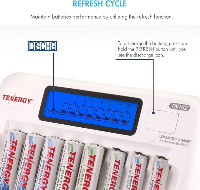Tenergy AA and AAA Battery Charger Bundle - TN162 8 Bay Smart LCD NiMH/NiCd Charger With 4 Pack AA & 4 Pack AAA Centura (LSD) Rechargeable Batteries