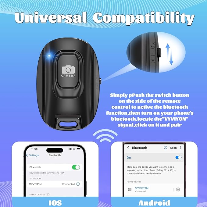 VYVIYON Bluetooth Camera Remote Shutter for iPhone and Android Smartphones, Rechargeable Wireless Phone Remote Control,Selfie Button for Photos and Videos, Charging Cable Included (2 Pack) Black&White