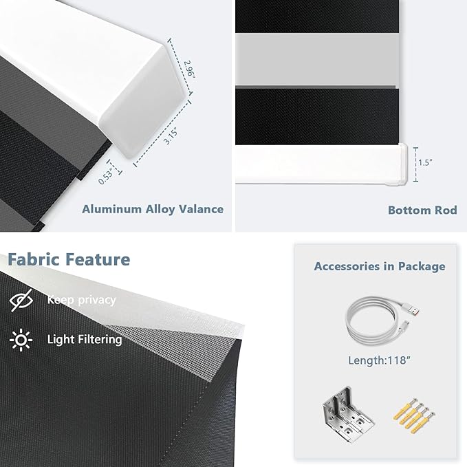 COOLWINDS Motorized Zebra Blinds for Windows Cordless Electric Curtains with Remote Control Blackout Shades Custom Smart Blinds Compatible with Alexa Google Home(Light Filtering Black,W48 X 72in)