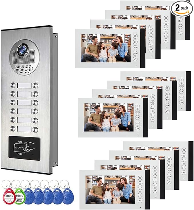 Wired Video Multifamily Apartment Intercom System,2/3/4/6/8/10/12 Units 7 inch Monitor Video Door Phone Kit,Video Doorbell, ID Card Unlock, 2 Way Audio for Home (1 doorbell + 12 monitor)