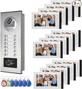 Wired Video Multifamily Apartment Intercom System,2/3/4/6/8/10/12 Units 7 inch Monitor Video Door Phone Kit,Video Doorbell, ID Card Unlock, 2 Way Audio for Home (1 doorbell + 12 monitor)