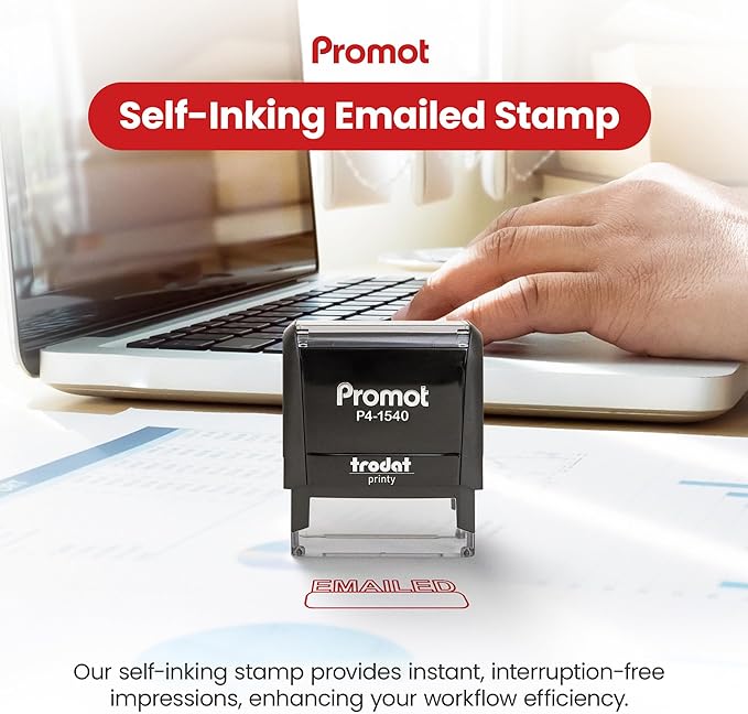 Promot Emailed Self Inking Rubber Stamp - Refillable Stampers for Office - Business, Accounting, Bookkeeping, Coding, Legal, Notary, Work, Ordering, Inventory Stamps - Red Ink