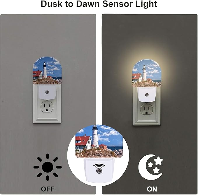 sndheke Beautiful White Lighthouse Night Light Plug into Wall, Ocean Seaside Lighthouse Dusk to Dawn Night Light Plug in,0.5w Energy Saving Sleep Friendly NightLight for Kids Boys Girls Home Decor
