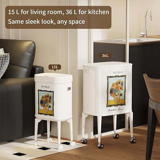 MRBIN Metal Motion Sensor Kitchen Trash Can with Wheel Legs, 15L / 4gal Metal Slim Trash Can, Pet Proof Tall Narrow Garbage Pail for Vanity, Bedroom, Bathroom, Living Room, Sunflower