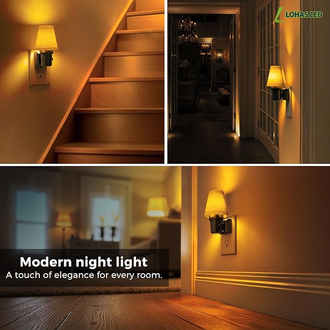 L LOHAS LED Night Lights Plug into Wall, 2 Pack Linen Fabric Round Platform Decor Night Light, Dusk to Dawn Sensor Vintage Nightlight, Amber Warm 0-100LM Dimmable, for Bedroom Living Room Hallway