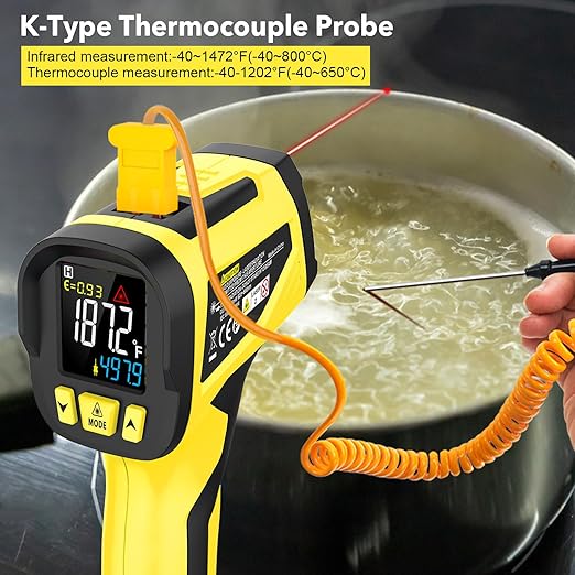 Infrared Thermometer Temperature Gun, TEMIRUP Non-Contact Digital IR Laser Temp Gun -58°F to 1472°F, K-Type Probe -40°F~1202°F, for Cooking, Pizza Oven, BBQ, HVAC, Home & Industrial