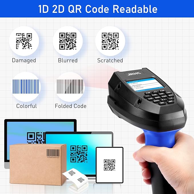 1D 2D Barcode Scanner Wireless, JRHC Portable Inventory Scanner & Data Collector Data Terminal PDT Inventory Device with Long Transmission Distance 2.4G Wireless Bar Code Reader with 2" LCD Screen