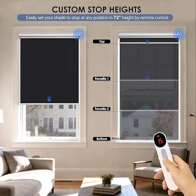Motorized Roller Blinds with Remote Control & Solar Panel - 100% Blackout Smart Blinds, Automatic, Cordless, Electric Shades - Compatible with Alexa - Black, 48" W x 72" H