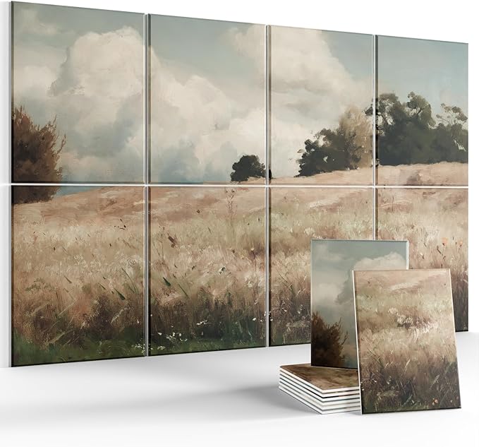 Wall Art Acoustic Panels,47''X31''Sound Absorbing Panels-8-Pack with 50 Adhesive Tabs, Decorative Sound Absorbing Panels for Living Room and Recording Studio, Offices-Grain field, landscape study