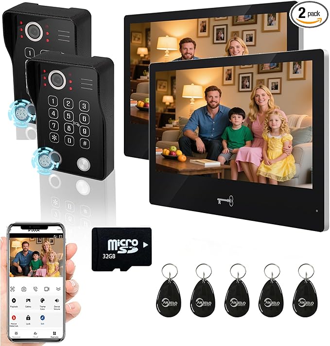 Wired Video Apartment Intercom System,Door Phone Kit,10 Inch Touch Monitor with 1080P HD Doorbell Camera,Supporting Motion Detecting 5 in 1 RFID Card Unlcking for Home Villa (2 Doorbell + 2 Monitor)