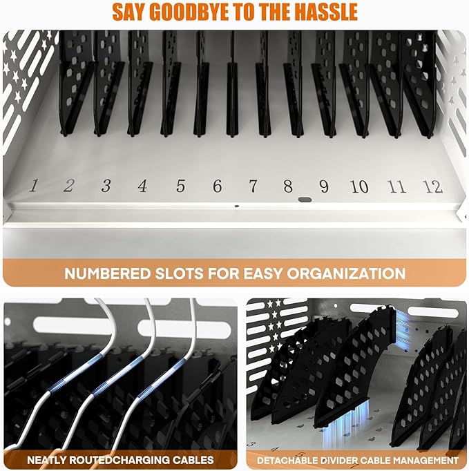 12-Device Charging Cabinet -Lockable Charging Station for iPad, Chromebook,Laptop&Tablet- American Style Charging Cabinet with Cord Management Ideal for Classrooms & Offices (Grayish White)