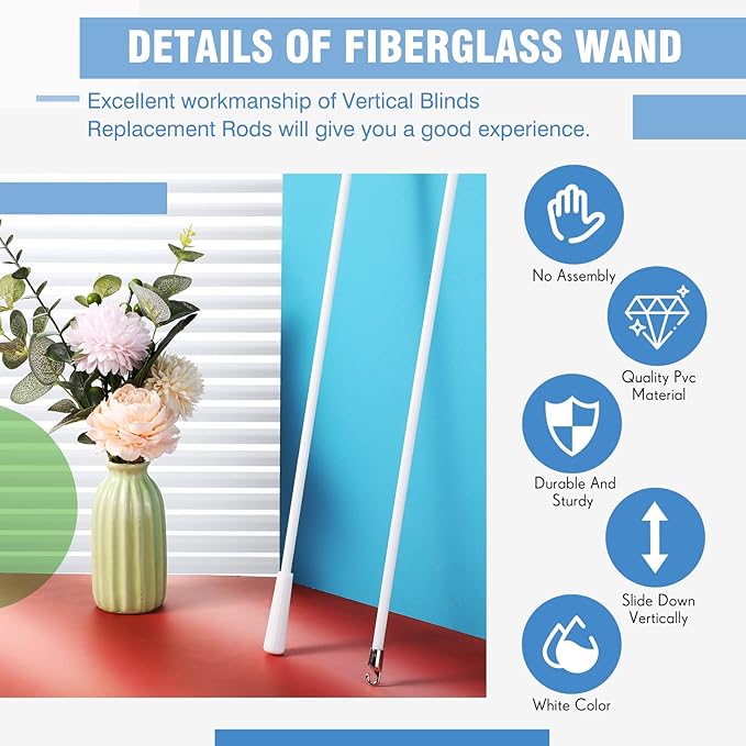 Bokon 2 Pieces White Fiberglass Blind Wand Vertical Blinds Stick Replacement with Hook and Handle for Window Opener Accessory(24 Inch)