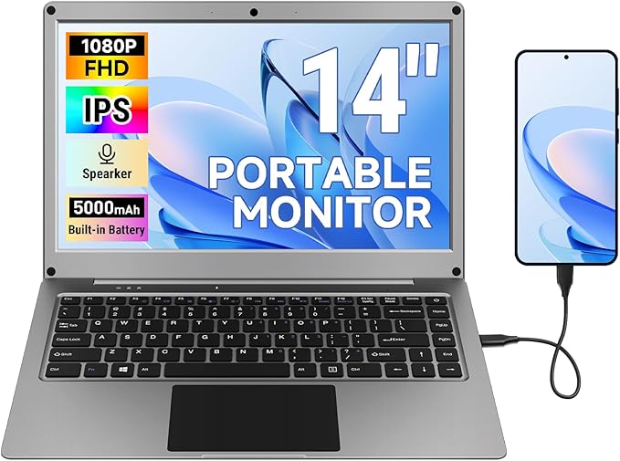Portable Monitor with Keyboard,14inch 1080P FHD Lapdock Compatible with Raspberry Pi/Mini PC/Phone/PC/Game Console,CrowView Note Built-in Battery with RPi5 Adapter(Full TypeC & HDMI Cable Included)