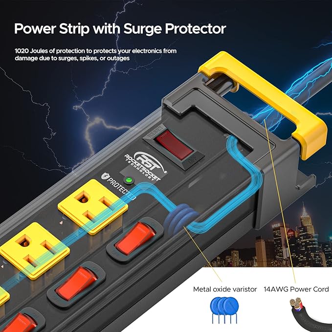 CRST 12 Outlet Heavy Duty Metal Power Strip with Individual Switches, 9FT Surge Protector Power Strip with Cord Managment, 15A/1875W 1020J Wide Spaced Outlets for Garage, Workshop, Home, School
