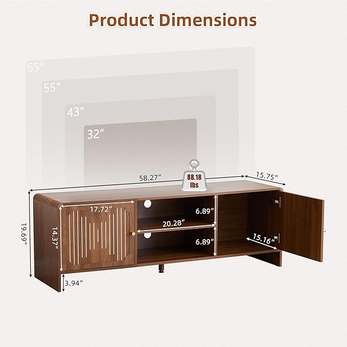 MAHYIZYI 58'' TV Stand for 65 inch TV, Mid Century Modern Entainment Center with Storage Cabinets & Open Shelf, Wood Media TV Console Table for Living Room, Office