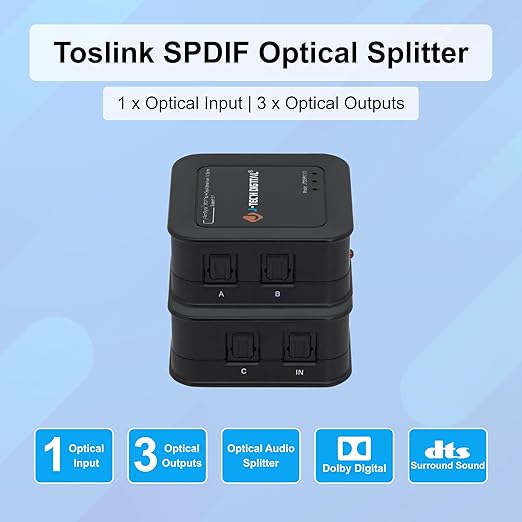 J-Tech Digital 1x3 Optical Audio Splitter, 1 in 3 Out Toslink SPDIF Digital Audio Splitter for TV, Soundbar, Home Theater, Digital Audio 5.1 LPCM2.0, Plug and Play [JTD-SP0103]
