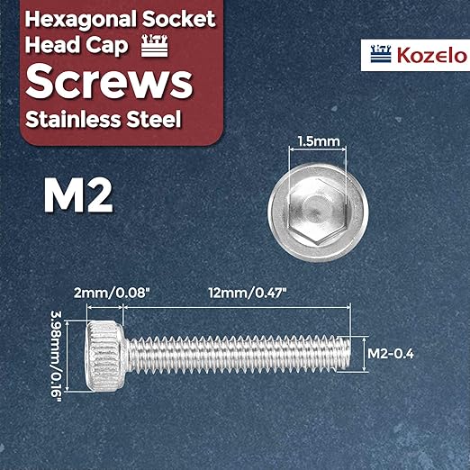 Kozelo 100pcs Socket Head Cap Screws - [M2-0.4 x 12mm] 304 Stainless Steel Allen Socket Drive for Electrical Motor 3D Printing Fan Engine Replacement Use, Silver