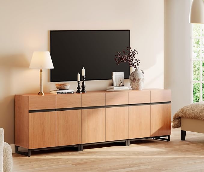 WAMPAT Modern TV Stand for TVs up to 110 inch, 3 in 1 Wood Entertainment Center TV Console Table with Adjustable Shelves and Metal Base for Living Room,Bedroom, Mocha