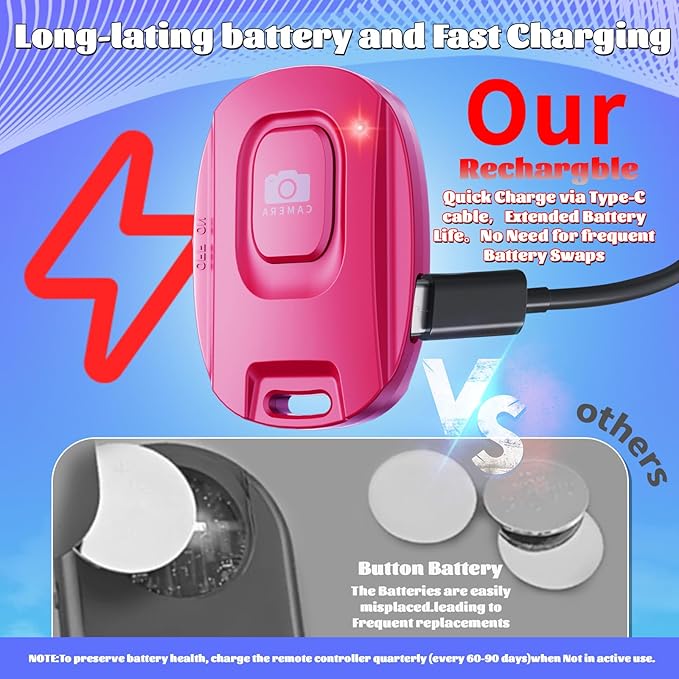 Bluetooth Camera Remote Shutter for iPhone and Android Smartphones, Rechargeable Wireless Phone Remote Control,Selfie Button for Photos and Videos, Charging Cable Included-Pink