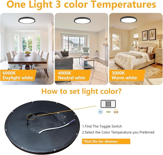 RLEDPZTX Led Flush Mount Ceiling Light,9 Inch 18w 1860lm,3000k/4000k/6000k 3CCT Selectable, Round Modern Flat Panel Super Slim Led Ceiling Light,for Living Dining Kitchen Bedroom Room (4Pack-Black)