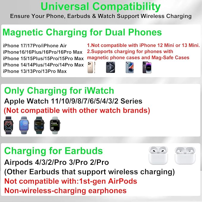 Dual Phone Wireless Charging Station for Apple Devices, Magnetic Charging Station for iPhone with Auto Switch 7-Color Light&Clock, Family Watch Charger for iPhone17 for iWatch11 for AirPods Pro3(Cream