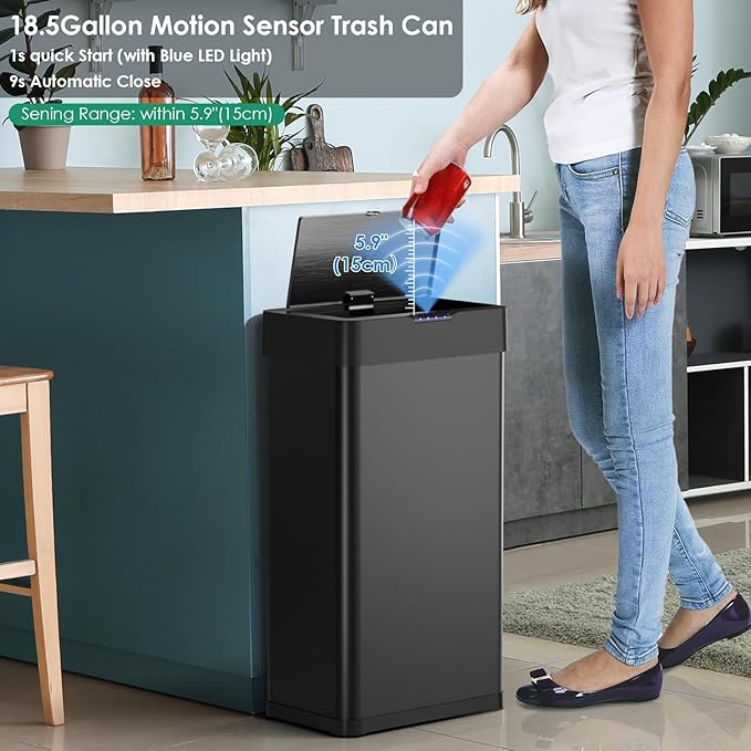 Arlopu Automatic Trash Can,Sensor Motion Stainless Steel Garbage Bin, Touchless Smart Waste Bin, W/Stay-Open, Soft Close Lid, Display Light for Kithchen, Living Room, Office (Black, 18.5gal)