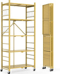 Storage Shelves with 20 Hooks, 5-Tier Foldable Shelves for Storage, Folding Shelf Unit Pantry Shelves with Wheels, Standing Shelving Unit for Kitchen Garage Home Office Room Greenhouse, Gold