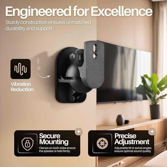TNP Universal Satellite Speaker Wall Mount Bracket Ceiling Mount Clamp with Adjustable Swivel and Tilt Angle Rotation for Home Theater Surround Sound System Satellite Speakers - 4 Pack, Black