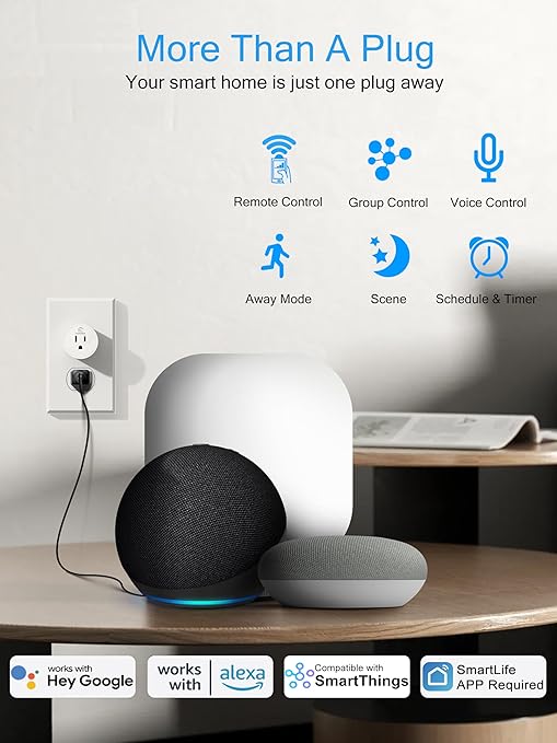 EIGHTREE Smart Plug 2025 Upgrade to 15A, Bluetooth & Wi-Fi Outlet Plug Dual Connection, Voice Control, Remote Control Outlet Timer Indoor, Smart Plugs That Work with Alexa & Google, 2.4GHz Wi-Fi Only