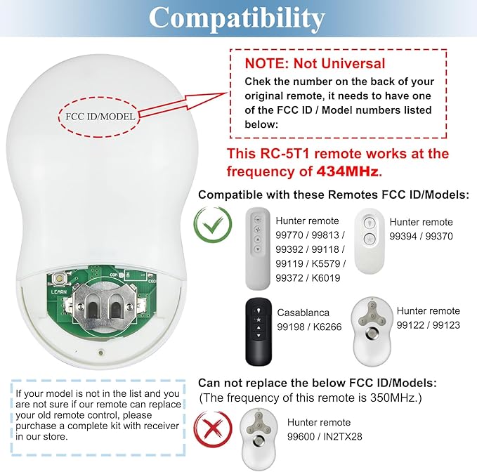 Ceiling Fan Remote Control Replacement for Hunter, Compatible with Hunter Remote 99122/99123, 3 Speed, Light Dimmer, 434MHz, Easy to Set with Mount Holder, Remote only - Receiver Not Included