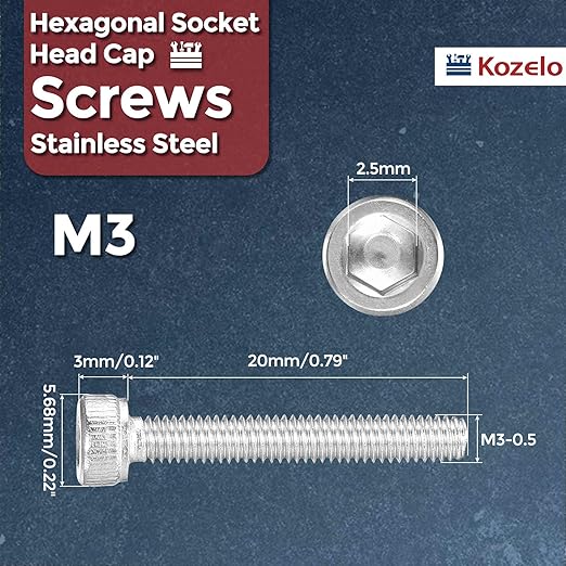Kozelo 50pcs Socket Head Cap Screws - [M3-0.5 x 20mm] 304 Stainless Steel Allen Socket Drive for Electrical Motor 3D Printing Fan Engine Replacement Use, Silver