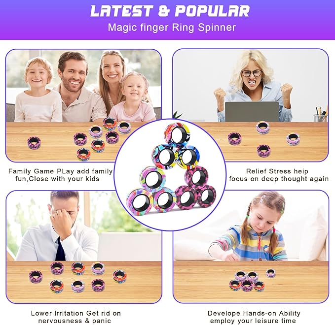 Cevioce 9Pcs Magnetic Rings Fidget Toy Set, ADHD Anxiety Magnetic Fidget Toys Adults Fidget Spinner Rings for Relief, Valentines Day Gifts Gifts for 8+ Year Old Teen Boy Girl Easter Basket Stuffers C