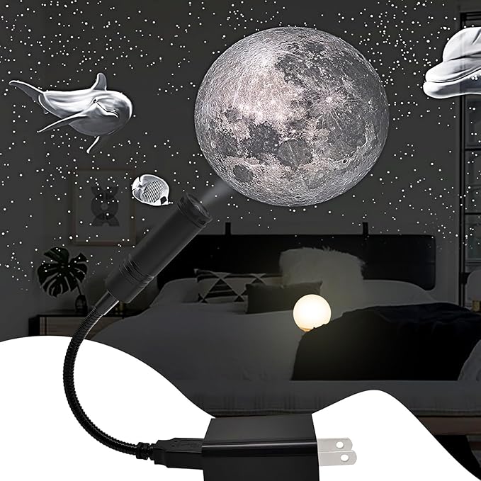 USB Power Moon Projector Night Light with Dolphins and Whales Flying Around,Angle Bendable and Image Clearness Adjustable Moon Atmosphere Projector, Christmas Birthday Gift
