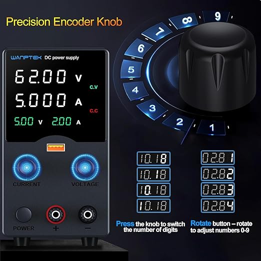 Wanptek DC Power Supply Variable 62V 5A, Bench Power Supplies with Encoder Adjustments Knob, USB Fast Charge Port with Output Current Display, 4-Digit LED Display