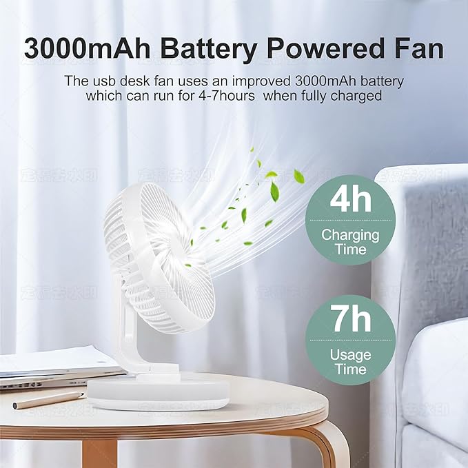 MAWFOZIN Small Desk Fan With Night Light, Auto Oscillating Table Fan With 3000mAh Rechargeable Battery, USB Personal Fan With 4 Speeds Wind, Adjustable Fan For Home, Office Bedroom, Camping (white)