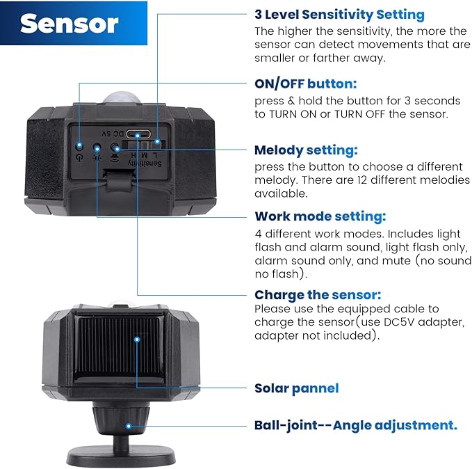 Solar Driveway Alarm Wireless Outside Weatherproof 1/2 Mile Long Range, Outdoor Motion Sensor Detector Alarm Driveway Alert System with Rechargeable Battery/Expandable (3 Sensor &1 Receiver Set)