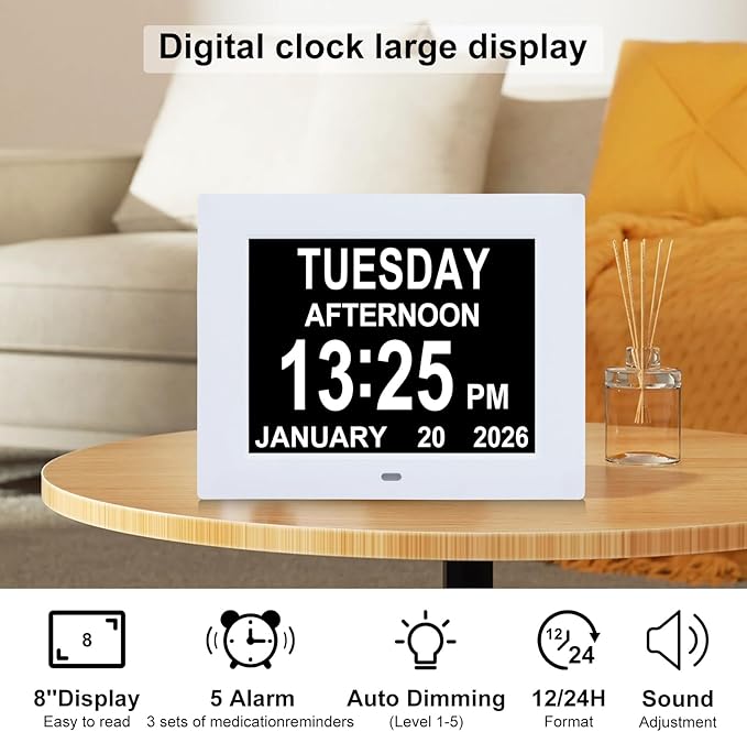 Digital Dementia Alarm Clock 8 inch Large Display, Electronic Calendar Clock with Day and Date for Elderly,3 Time Period Oversized Character Drug Reminders Clock for Dementia Elderly Patients