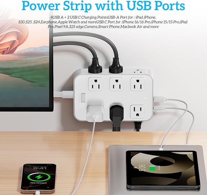 Solidock Flat Plug Power Strip Surge Protector with 12 AC Outlets 6 USB Ports 3 Side Multi Plug Outlet Extender 5 Ft Extension Cord for Home Office Kitchen Dorm Wall Desk Charging Station ETL Listed