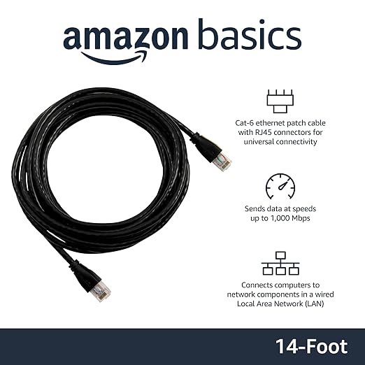 Amazon Basics RJ45 Cat 6 Ethernet Patch Cable, 1Gpbs Transfer Speed, Gold-Plated Connectors, 14 Foot - 10-Pack, Black