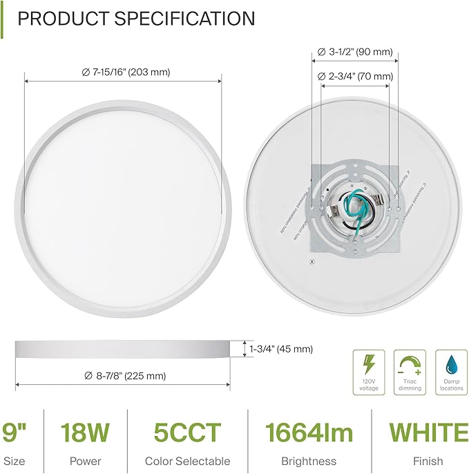 ASD LED 9" Round Flush Mount Ceiling Light Fixture, Low Profile Surface Lighting | 5CCT, Dimmable, Ultra-Thin, ETL Listed | 18W 1660LM 2700-6000K 120V | Kitchen, Bedroom, Hallway Lamp | White, 6 Pack