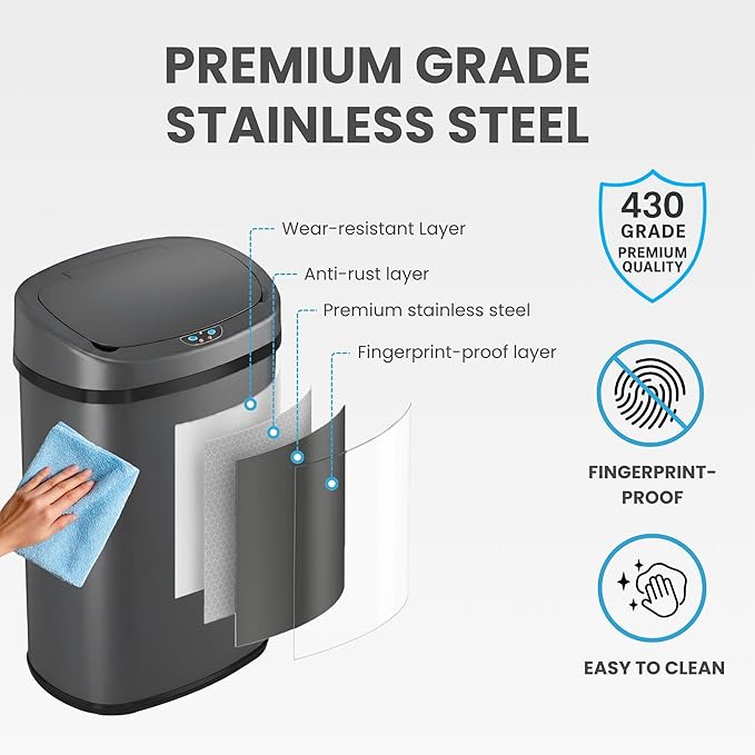iTouchless 13 Gallon Oval Sensor Trash Can with Odor Filter, Automatic Motion Sensor Kitchen Bin, Slim Curved Soft-Close Gunmetal Gray, Dark Metallic Finish for Office & Garage