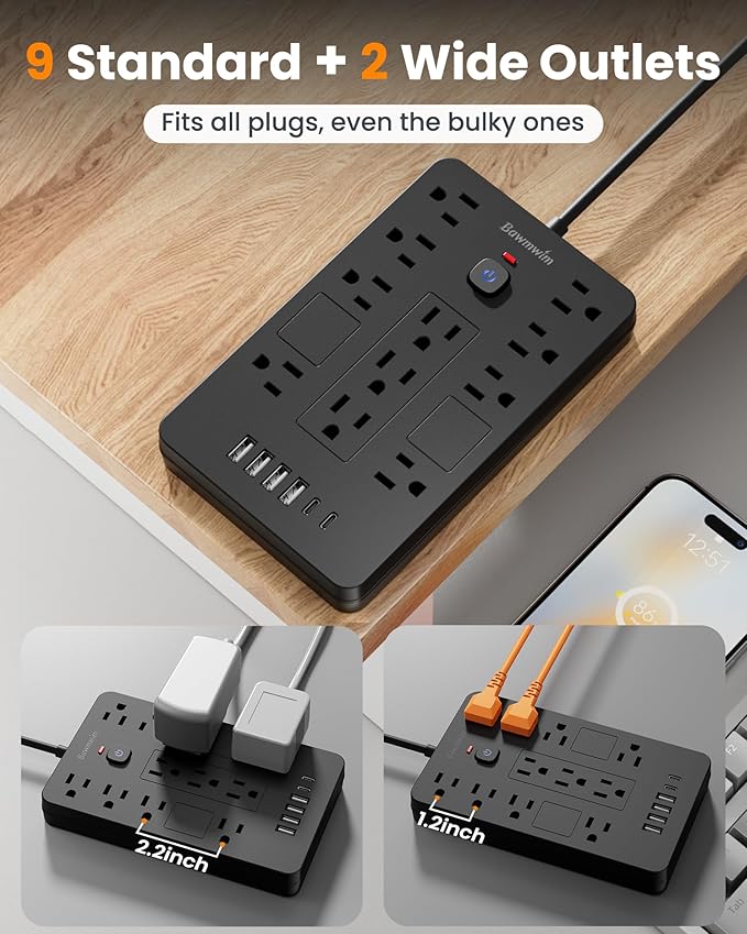 Bawmwim Surge Protector Power Strip - 11 Outlets(1850W/15A) with 6 USB Ports(2 USB C), 10FT Flat Plug Extension Cord, Wall Mount, Black, ETL Listed for Home, Dorm Room